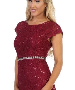 Fitted Short Sequin Lace Dress With Short Sleeves By Celavie 6372S