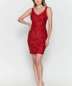 Prom Fitted Short Sequin V-Neck Dress By Poly USA 8806