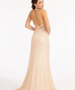 Fitted Sleeveless Sequin Slit Gown By Elizabeth K GL3029