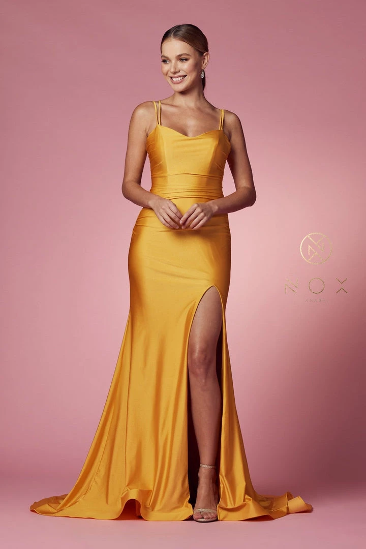Prom Fitted Strappy Back Slit Gown By Nox Anabel T481 5 Prom Fitted Strappy Back Slit Gown By Nox Anabel T481