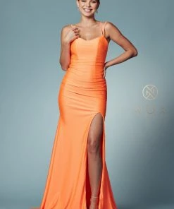 Prom Fitted Strappy Back Slit Gown By Nox Anabel T481 75 Prom Fitted Strappy Back Slit Gown By Nox Anabel T481