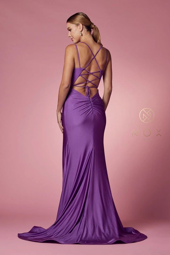 Prom Fitted Strappy Back Slit Gown By Nox Anabel T481 37 Prom Fitted Strappy Back Slit Gown By Nox Anabel T481