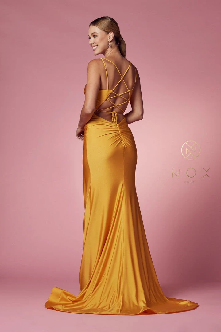 Prom Fitted Strappy Back Slit Gown By Nox Anabel T481 4 Prom Fitted Strappy Back Slit Gown By Nox Anabel T481