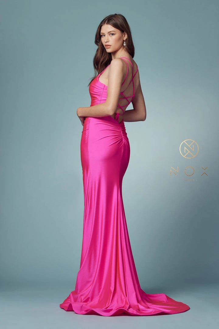 Prom Fitted Strappy Back Slit Gown By Nox Anabel T481 15 Prom Fitted Strappy Back Slit Gown By Nox Anabel T481