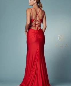 Prom Fitted Strappy Back Slit Gown By Nox Anabel T481 61 Prom Fitted Strappy Back Slit Gown By Nox Anabel T481