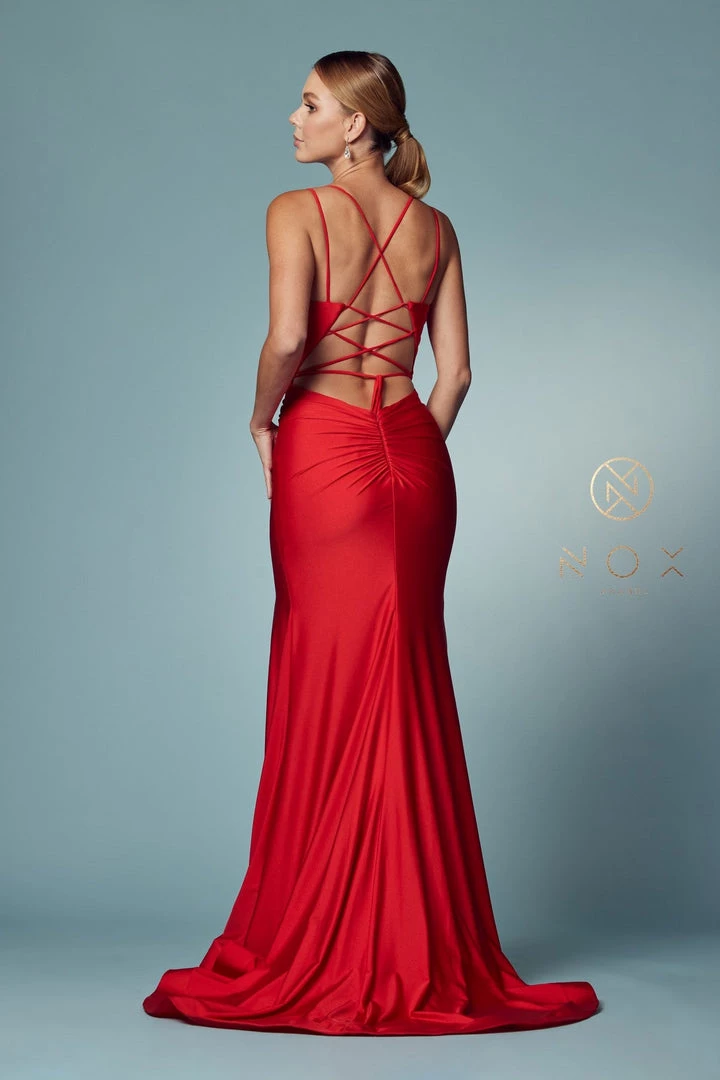 Prom Fitted Strappy Back Slit Gown By Nox Anabel T481 18 Prom Fitted Strappy Back Slit Gown By Nox Anabel T481