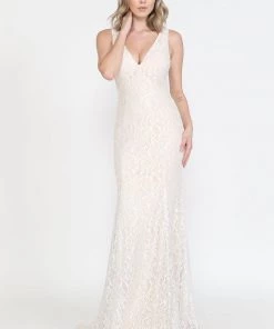 Fitted V-Neck Lace Wedding Gown By Poly USA 8496