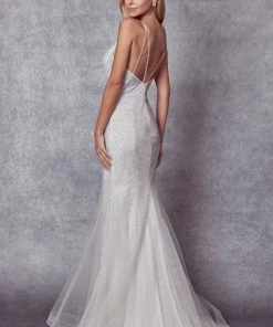 Prom Fitted White Glitter V-Neck Gown By Juliet 271W