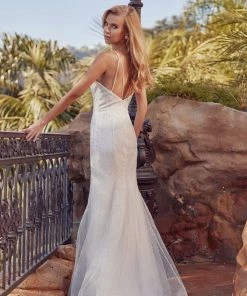 Prom Fitted White Glitter V-Neck Gown By Juliet 271W