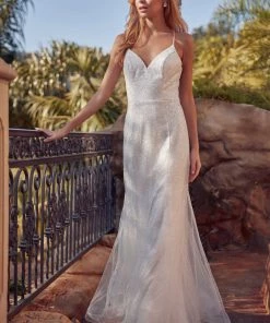 Prom Fitted White Glitter V-Neck Gown By Juliet 271W