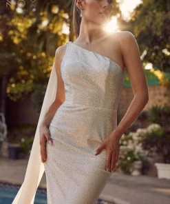 Prom Fitted White One Shoulder Gown By Nox Anabel E1039W