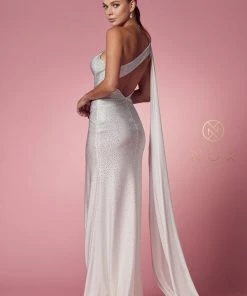 Prom Fitted White One Shoulder Gown By Nox Anabel E1039W