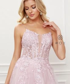 Floral Applique Tulle Gown By Nox Anabel T449