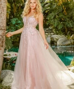 Floral Applique Tulle Gown By Nox Anabel T449