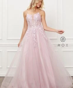 Floral Applique Tulle Gown By Nox Anabel T449