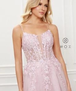 Floral Applique Tulle Gown By Nox Anabel T449