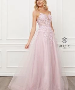 Floral Applique Tulle Gown By Nox Anabel T449