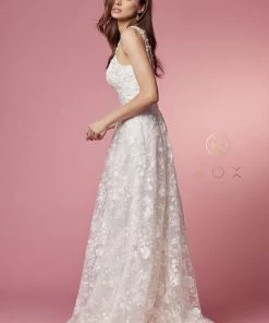 Floral Applique A-line Wedding Dress By Nox Anabel JE922 12 Floral Applique A-line Wedding Dress By Nox Anabel JE922
