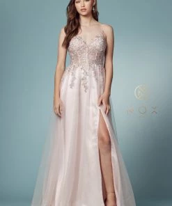 Prom Floral Applique Corset Style Gown By Nox Anabel S1015