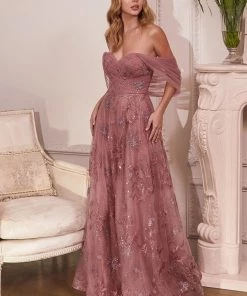 Prom Floral Applique Off Shoulder Gown By Cinderella Divine OC008