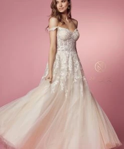 Floral Applique Off Shoulder Gown By Nox Anabel JH925 Prom