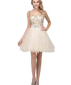 Floral Applique Short Illusion Dress By Star Box 17267