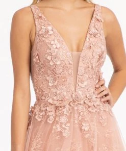 Floral Applique Slit Gown By Elizabeth K GL3012 12 Floral Applique Slit Gown By Elizabeth K GL3012