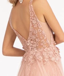 Floral Applique Slit Gown By Elizabeth K GL3012 13 Floral Applique Slit Gown By Elizabeth K GL3012