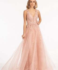 Floral Applique Slit Gown By Elizabeth K GL3012