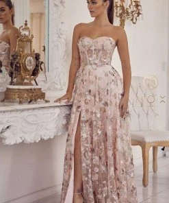 Floral Applique Strapless Gown By Nox Anabel E1001 Prom