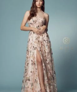 Floral Applique Strapless Gown By Nox Anabel E1001 Prom