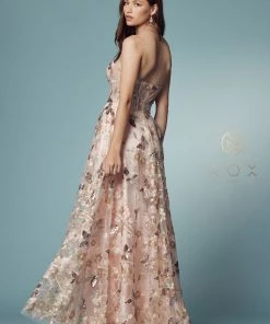 Floral Applique Strapless Gown By Nox Anabel E1001 Prom