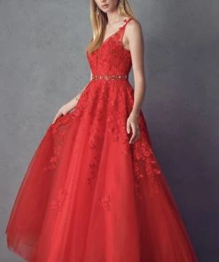 Floral Applique V-Neck Tulle Gown By Juliet 224