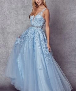 Floral Applique V-Neck Tulle Gown By Juliet 224