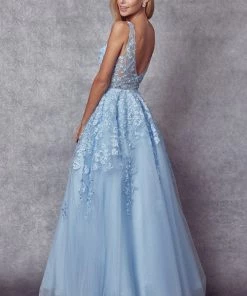 Floral Applique V-Neck Tulle Gown By Juliet 224