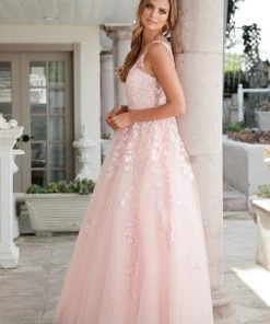 Floral Applique V-Neck Tulle Gown By Juliet 224