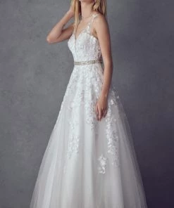 Floral Applique V-Neck Tulle Gown By Juliet 224