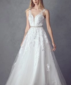 Floral Applique V-Neck Tulle Gown By Juliet 224