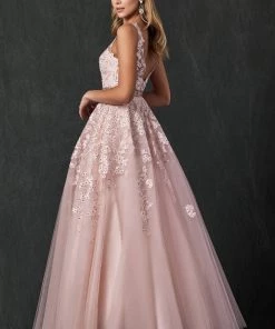 Floral Applique V-Neck Tulle Gown By Juliet 224