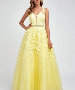 Floral Applique V-Neck Tulle Gown By Juliet 224