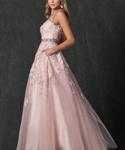 Floral Applique V-Neck Tulle Gown By Juliet 224