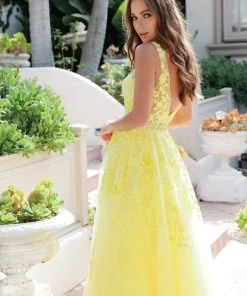 Floral Applique V-Neck Tulle Gown By Juliet 224