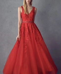Floral Applique V-Neck Tulle Gown By Juliet 224