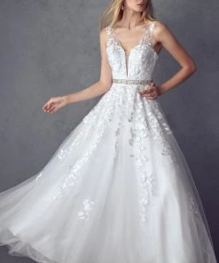 Floral Applique V-Neck Tulle Gown By Juliet 224