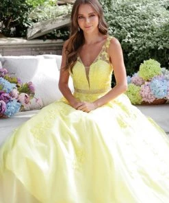 Floral Applique V-Neck Tulle Gown By Juliet 224