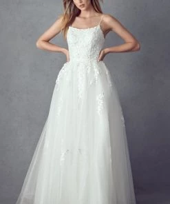 Floral Applique White Corset Tulle Gown By Juliet 260W Prom