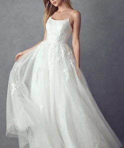 Floral Applique White Corset Tulle Gown By Juliet 260W Prom