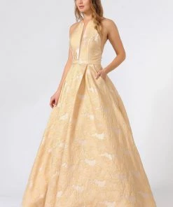 Floral Embroidered Long High-Neck Dress By Poly USA 8402