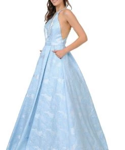 Floral Embroidered Long High-Neck Dress By Poly USA 8402