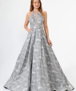 Floral Embroidered Long High-Neck Dress By Poly USA 8402